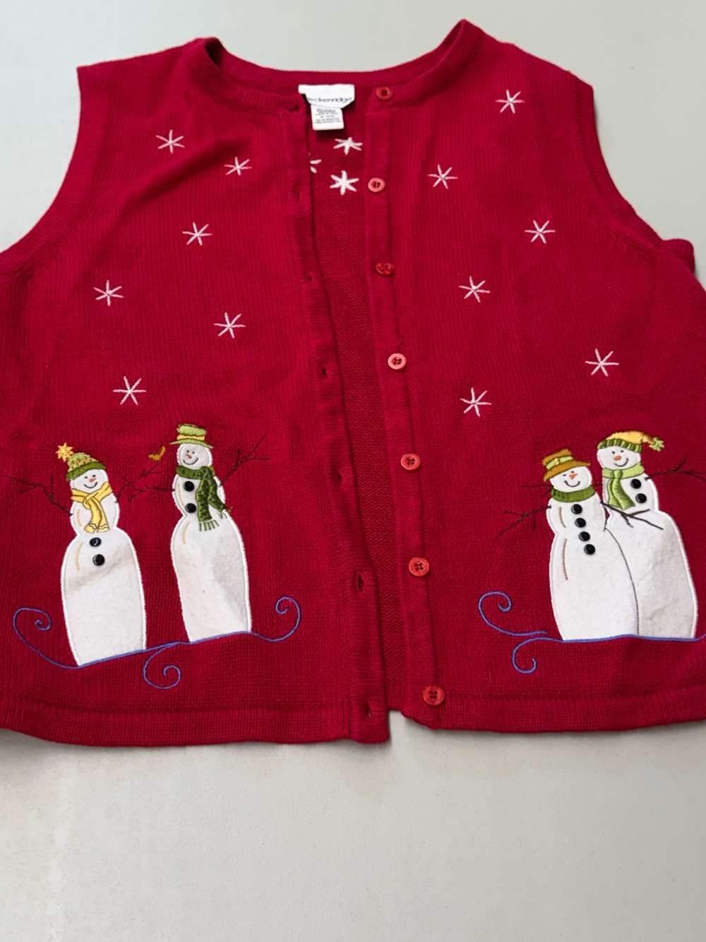 Breckenridge Red Winter Holiday Snowman Embroidered Button-Front Sweater Vest